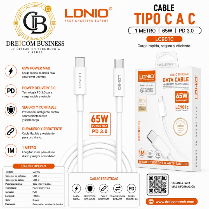 CABLE TIPO C A C 65W 1M WHITE LDNIO LC901C