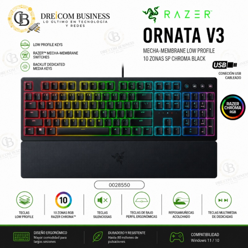 TECLADO RAZER ORNATA V3 MECHA-MEMBRANE LOW PROFILE 10 ZONAS SP CHROMA BLACK 0028550