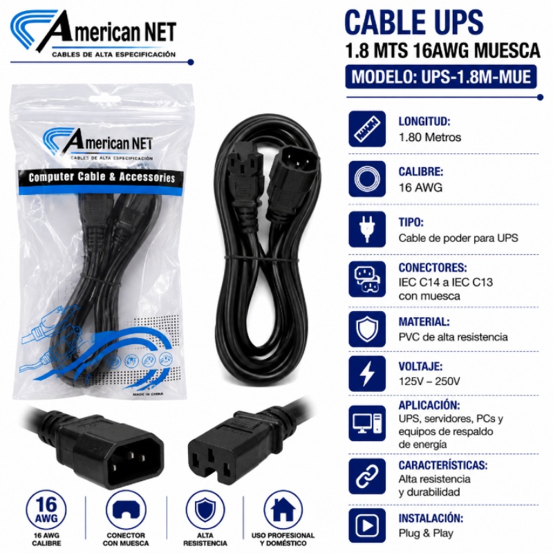 CABLE UPS 1.8 MTS 16AWG MUESCA MODELO SYSCOM UPS-1.8M-MUE