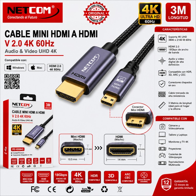 CABLE MINI HDMI A HDMI V 2.0 4K 3M 60HZ NETCOM PE-HD0843