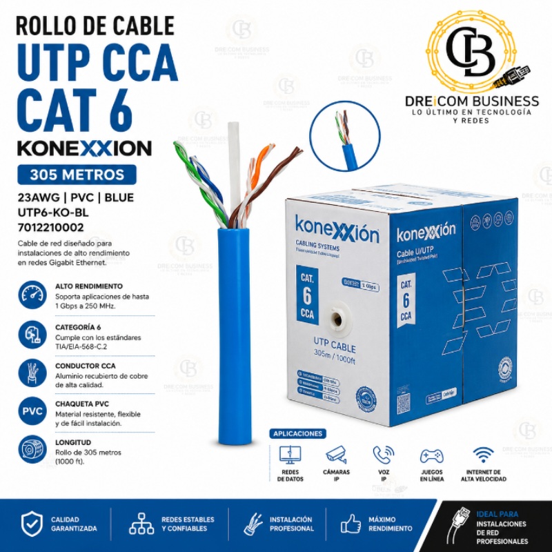 ROLLO DE CABLE UTP CCA CAT 6 23AWG PVC BLUE KONEXXION 305M UTP6-KO-BL 7012210002