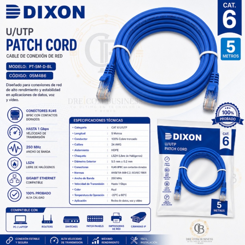 PATCH CORD DIXON 5 MTS CAT 6 AZUL 05M4B6 - PT-5M-D-BL