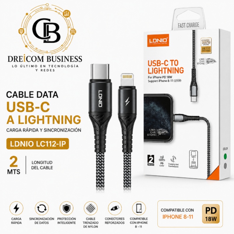 CABLE DATA LDNIO 2 MTS TIPO C A LIGHTNING LC112-IP