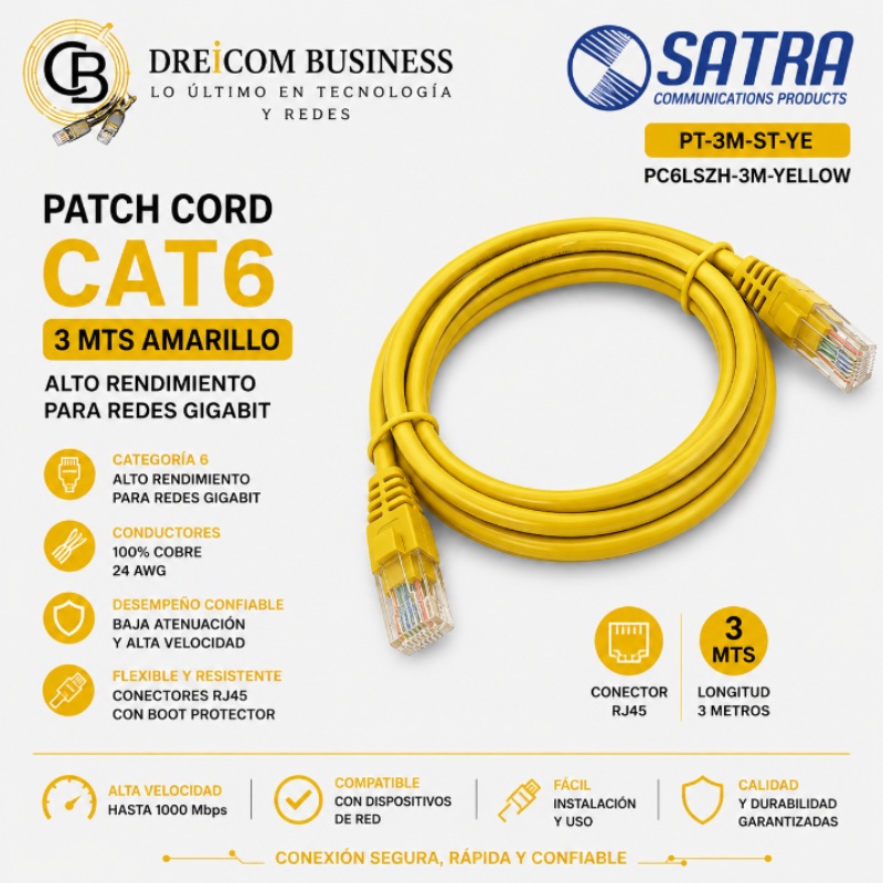 PATCH CORD SATRA CAT 6 3 MTS AMARILLO PT-3M-ST-YE PC6LSZH-3M-YELLOW
