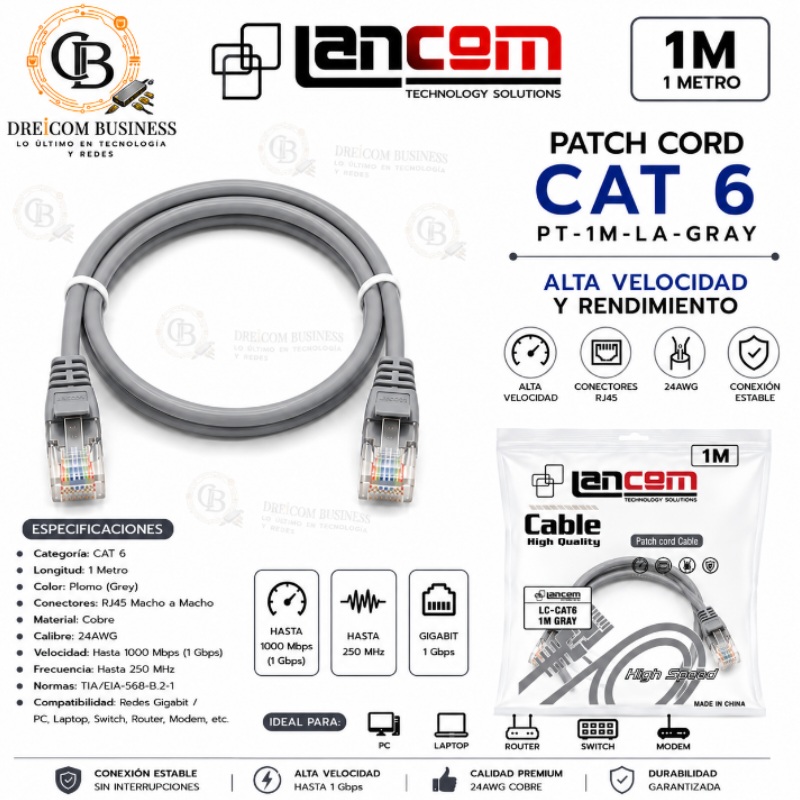PATCH CORD CAT6 1MT PLOMO PT-1M-LA-GREY
