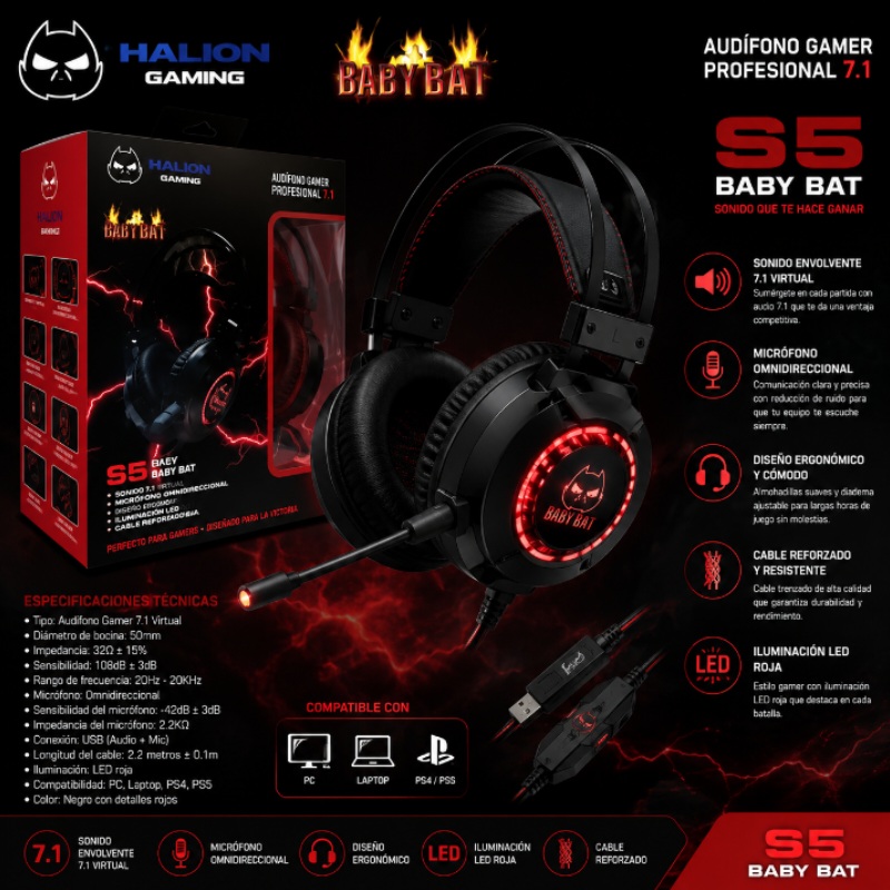 AUDIFONO GAMER HALION S5 BABY BAT NEGRO