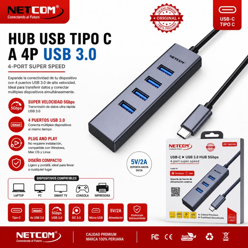 HUB USB TIPO C A 4P USB 3.0 NETCOM PE-TA0149