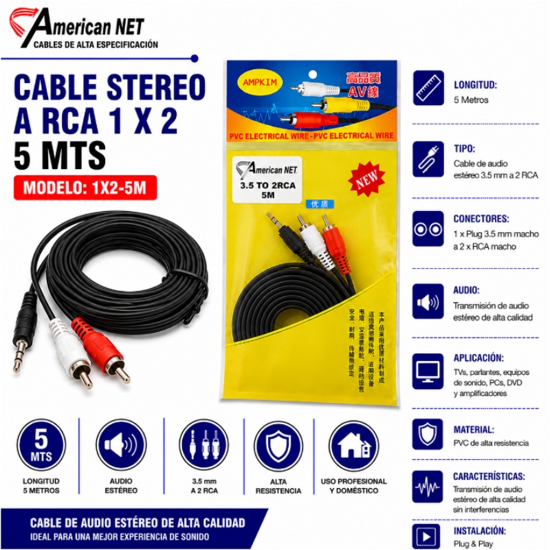 CABLE STEREO A RCA 1 X 2-5 MTS AMERICANT 1X2-5M