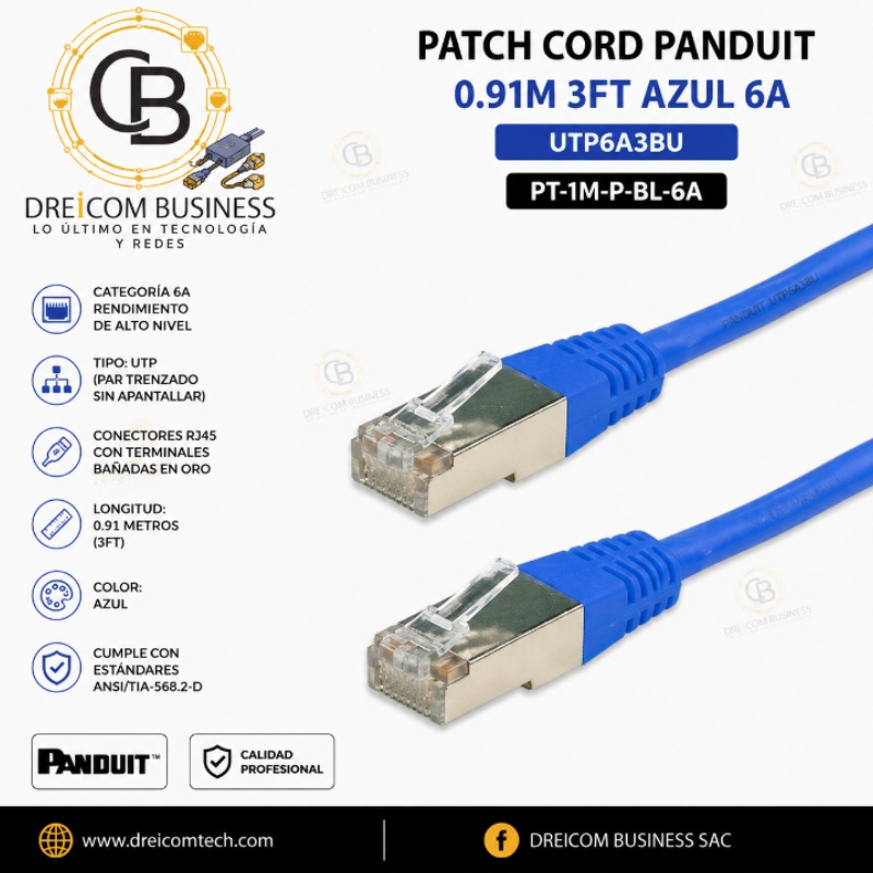 PATCH CORD PANDUIT 0.91M 3FT AZUL 6A UTP6A3BU PT-1M-P-BL-6A
