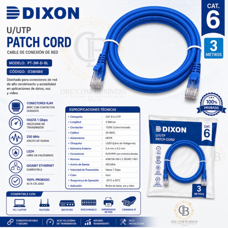 PATCH CORD DIXON 3 MTS CAT 6 AZUL 03M4B6 PT-3M-D-BL