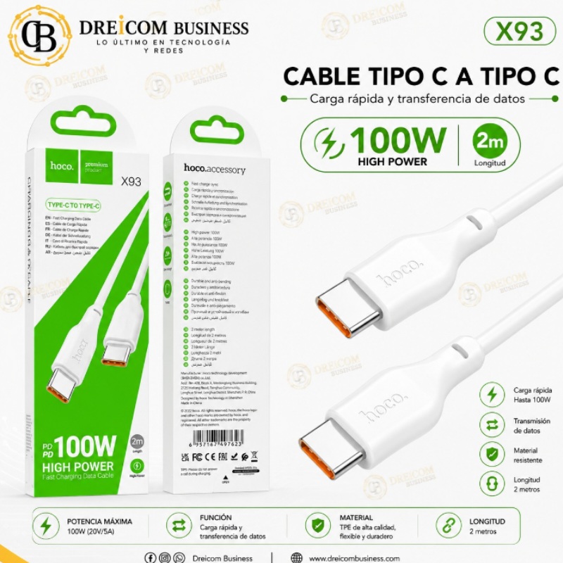 CABLE TIPO C A TIPO C 100W 2M HOCO X93