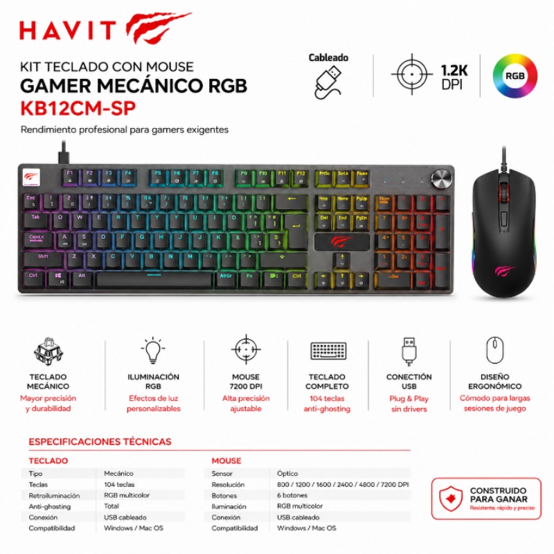 KIT TECLADO CON MOUSE GAMER MECANICO RGB 7200DPI HAVID GAMENOTE KB12CM-SP