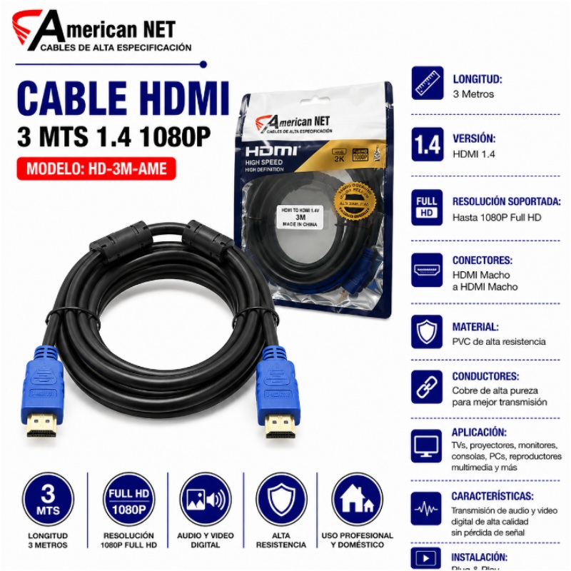 CABLE HDMI 3 MTS 1.4 1080P AMERICANT NET HD-3M-AME