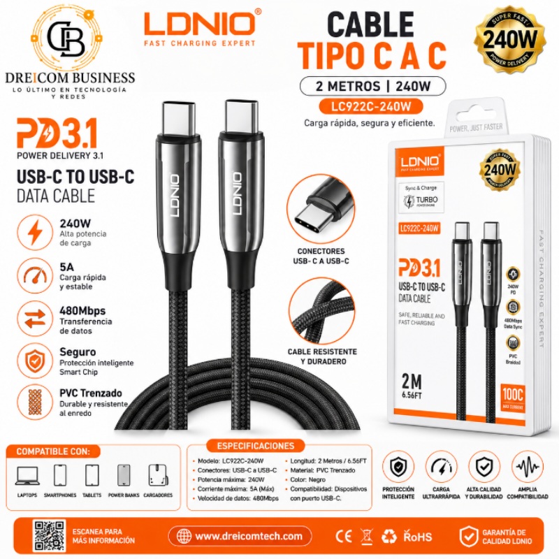 CABLE TIPO C A C 2M 240W LDNIO LC922C-240W