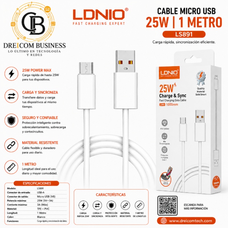 CABLE MICRO USB 25W 1M LDNIO LS891