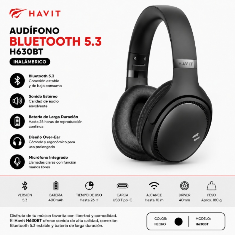 AUDIFONO BLUETOOTH 5.3 HAVIT NEGRO H630BT