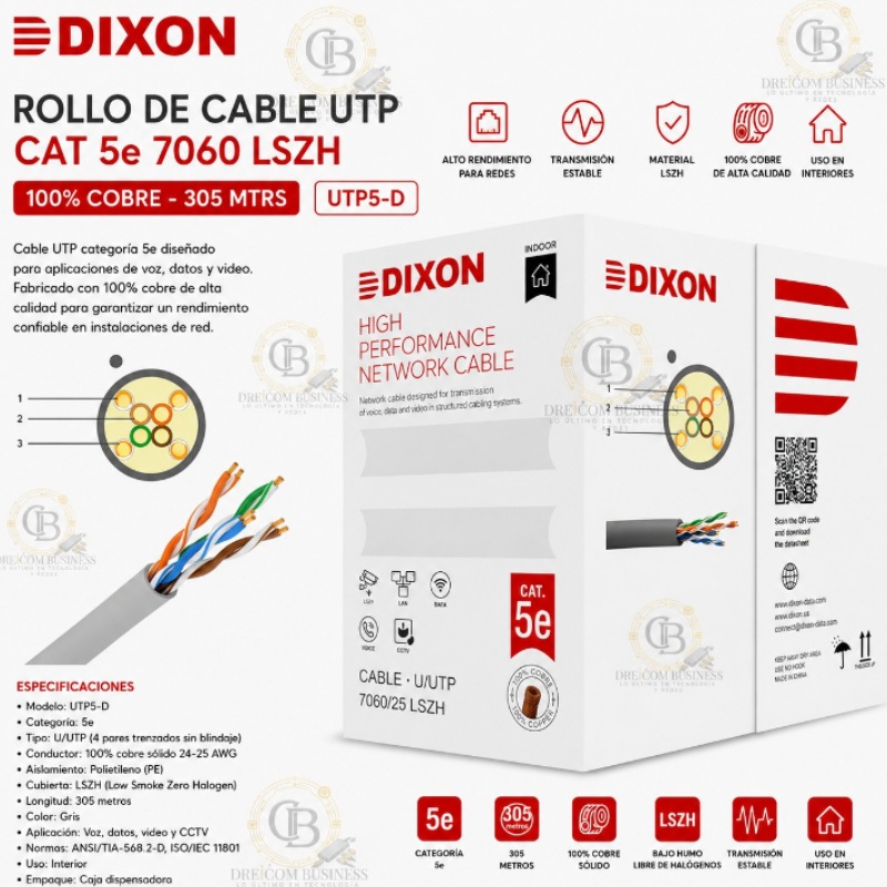 ROLLO DE CABLE UTP CAT 5 7060 LSZH DIXON 100% COBRE - 305 MTRS UTP5-D