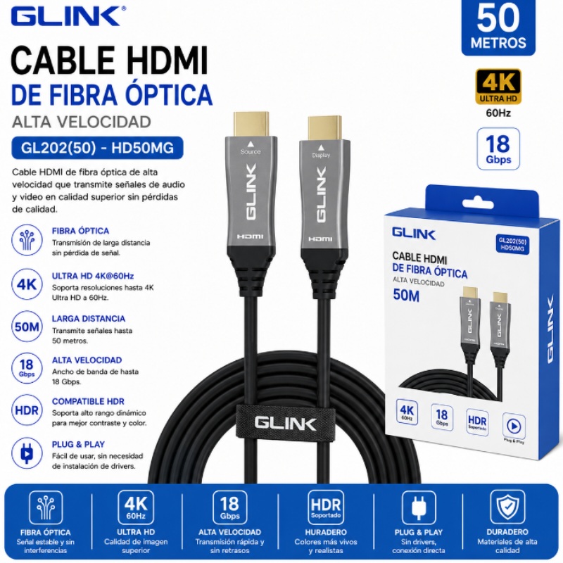 CABLE HDMI DE FIBRA OPTICA 50M GLINK GL202(50) - HD50MG