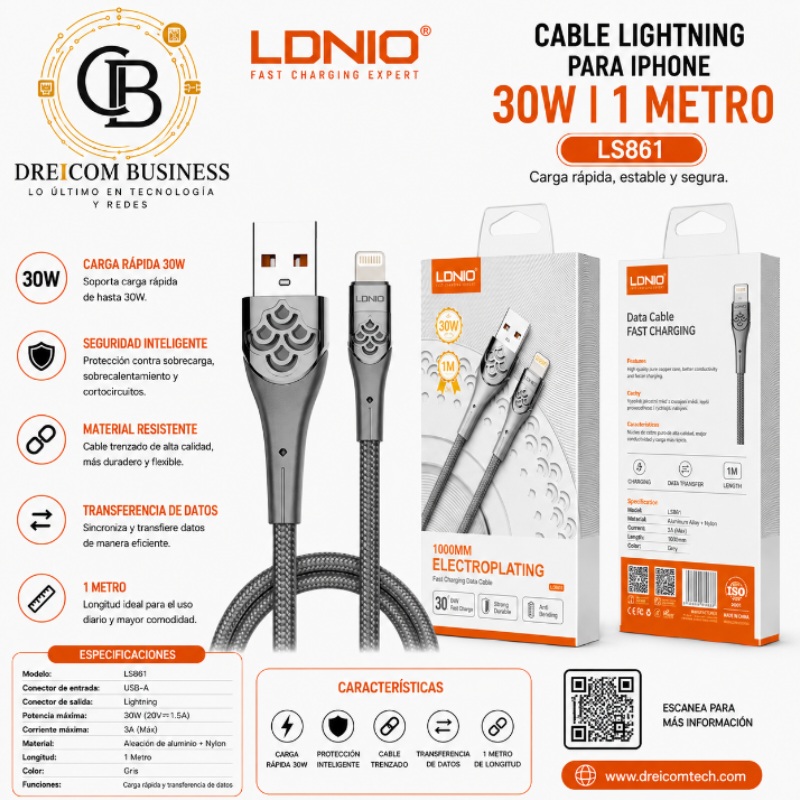 CABLE LIGHTNING PARA IPHONE 30W 1M LDNIO LS861