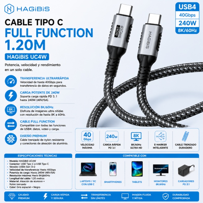 CABLE TIPO C 1.20M 24W 40GBPS 8K/60HZ HAGIBIS UC4W