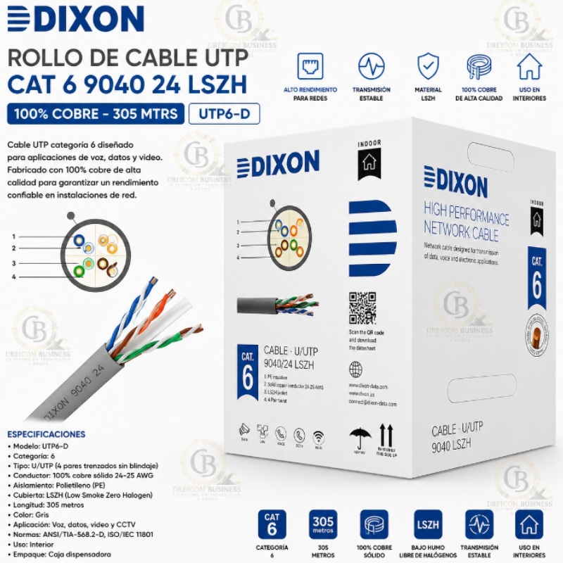 ROLLO CABLE UTP CAT 6 DIXON 9040 24 LSZH DE 305 MTRS 100% COBRE UTP6-D