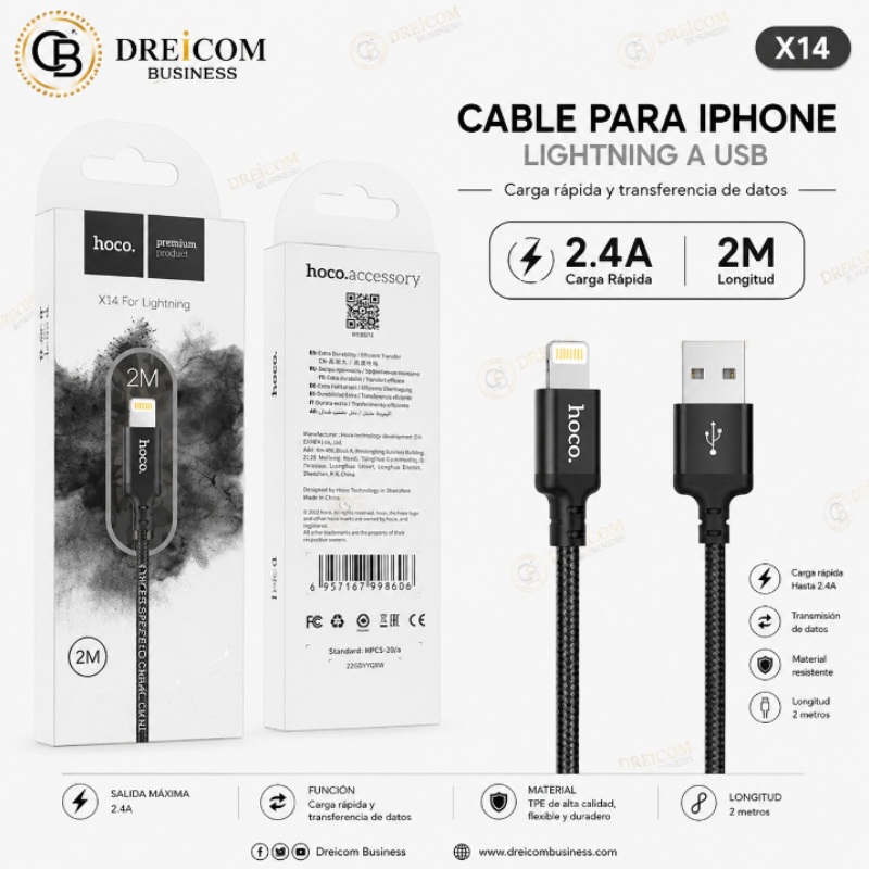 CABLE PARA IPHONE LIGHTNING A USB 2M HOCO X14