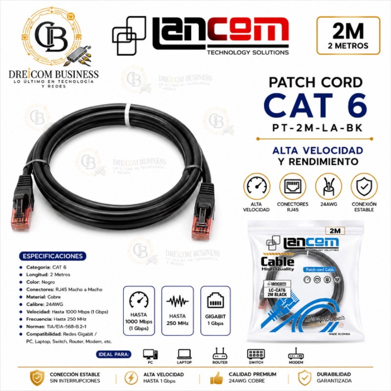 PATCH CORD 2 MT NEGRO CAT 6 PT-2M-LA-BK