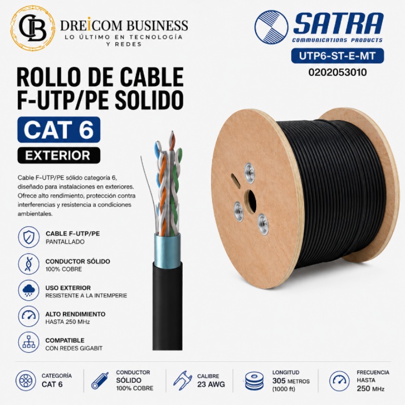 ROLLO DE CABLE F-UTP/PE SOLIDO CAT 6 NEGRO EXTERIOR 23 AWG SATRA UTP6-ST-E-MT 0202053010