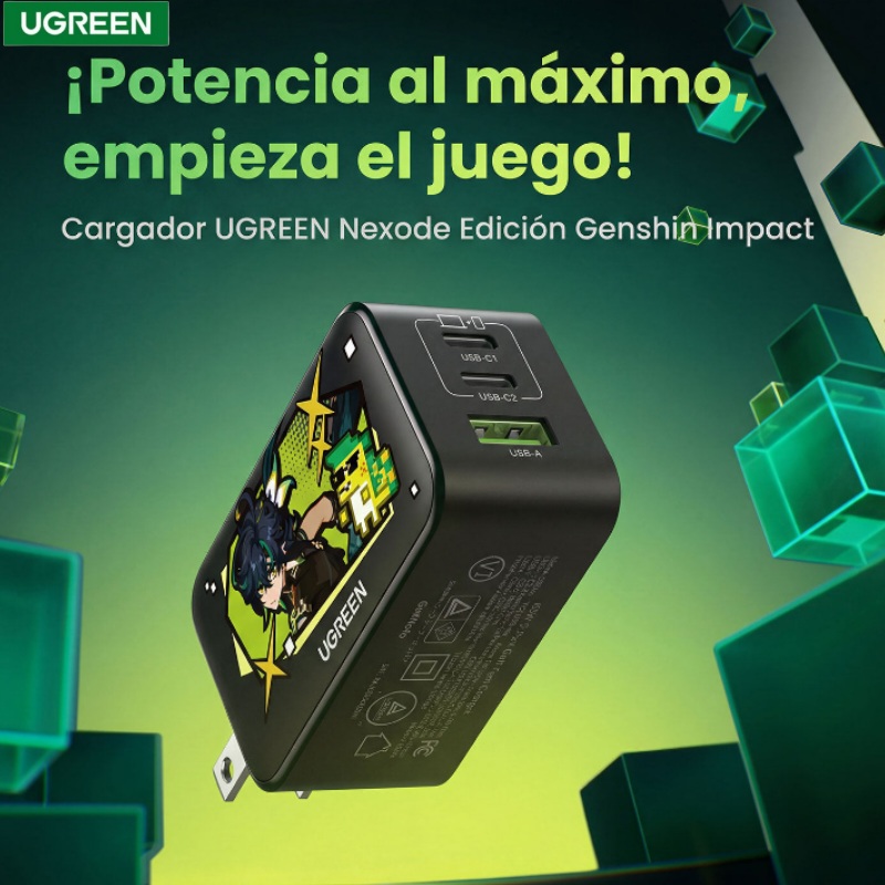 CARGADOR 65W 3P GAN GENSHIN IMPACT EDITION X2 USB C X1 USB A UGREEN