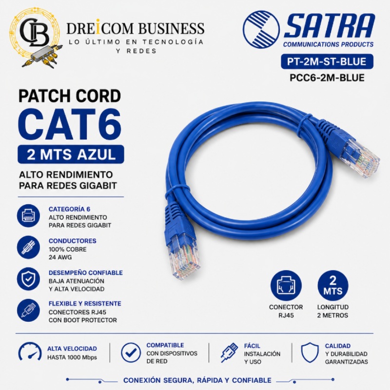 PATCH CORD SATRA CAT 6 2 MTS AZUL PT-2M-ST-BLUE PCC6-2M-BLUE