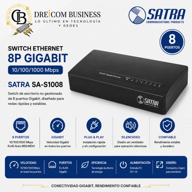 SWITCH ETHERNET 8P GIGABIT 10/100/1000 SATRA SA-S1008