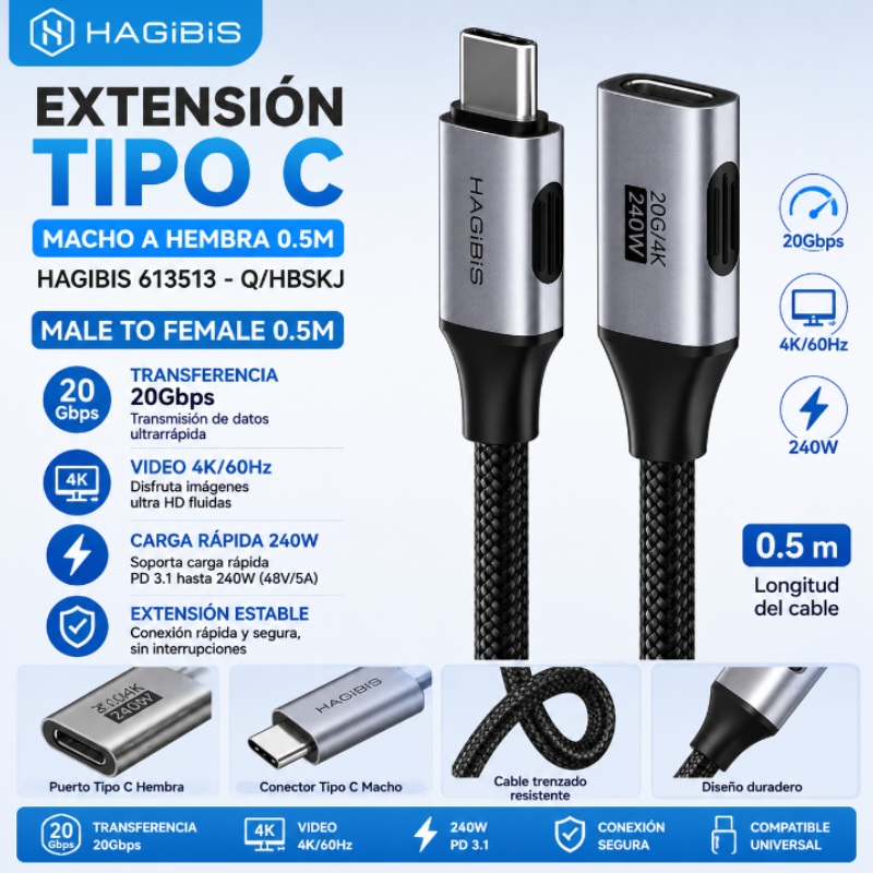 EXTENCION TIPO C 4K 60HZ 20GBPS 240W HAGIBIS 613513 - Q/HBSKJ