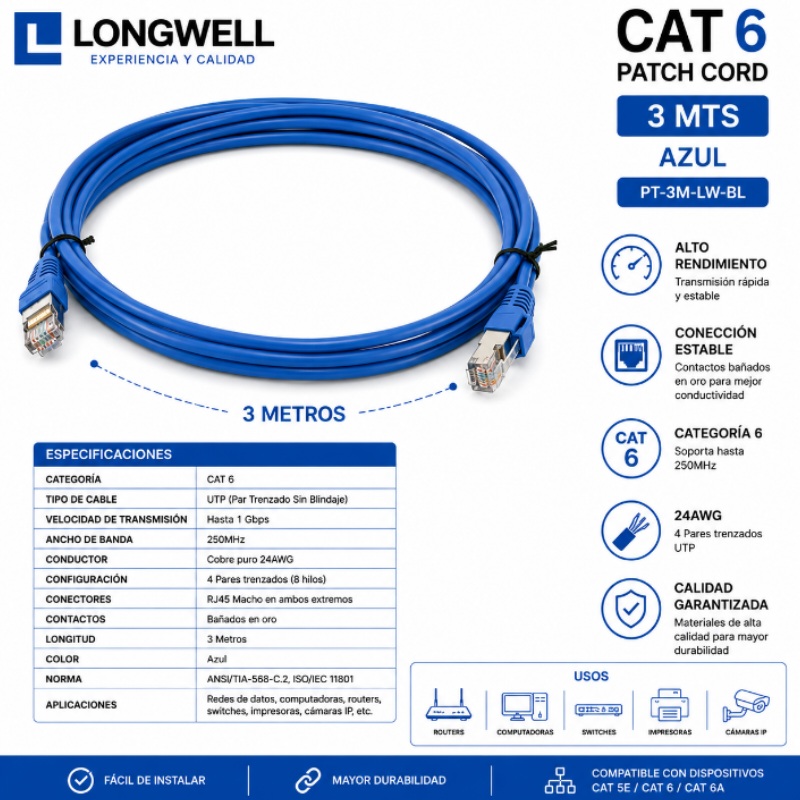 PATCH CORD LONGWELL CAT 6 3 MTS AZUL PT-3M-LW-BL