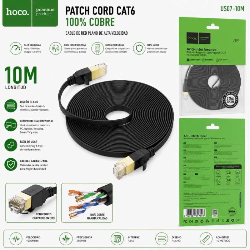 PATCH CORD CAT6 100% COBRE 10M FLAT HOCO 80713 - US07-10M