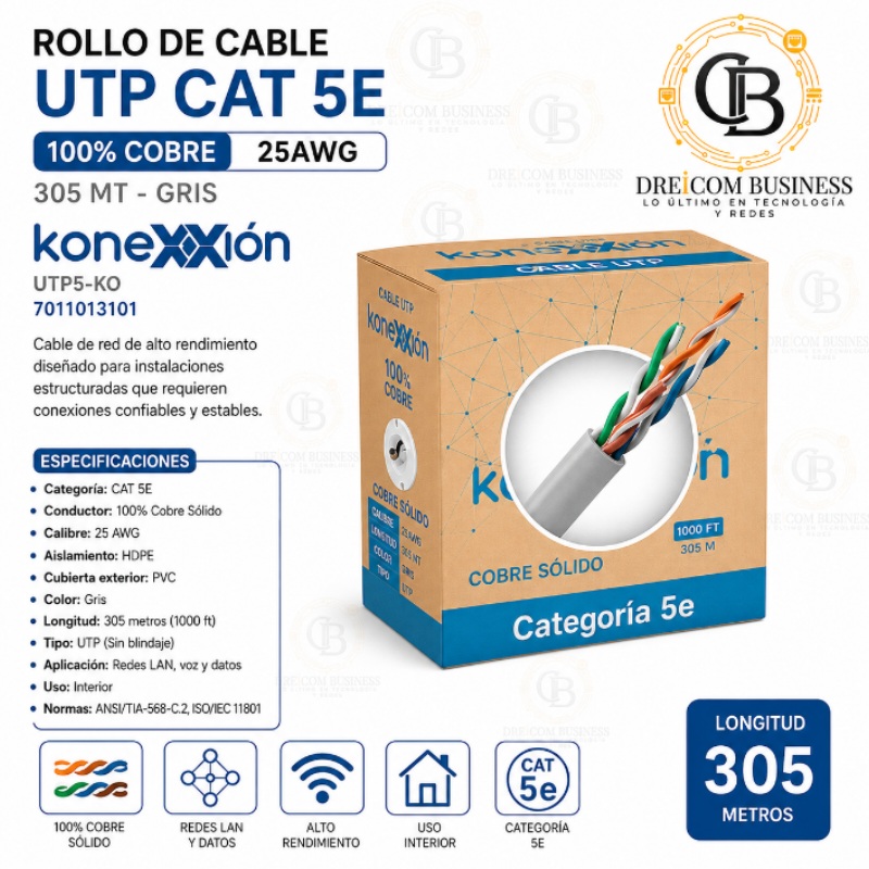 ROLLO DE CABLE UTP CAT 5E 100% COBRE 25AWG 305MT GRIS KONEXXION 7011013101 - 305 MTRS UTP5-KO