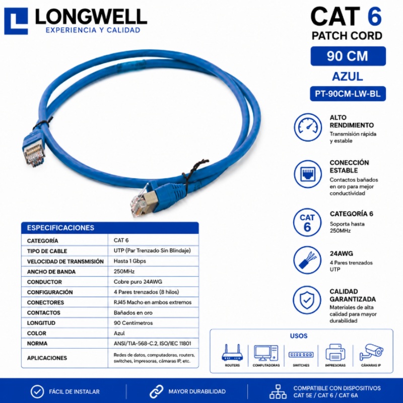 PATCH CORD LONGWELL CAT 6 90 CM AZUL PT-90CM-LW-BL