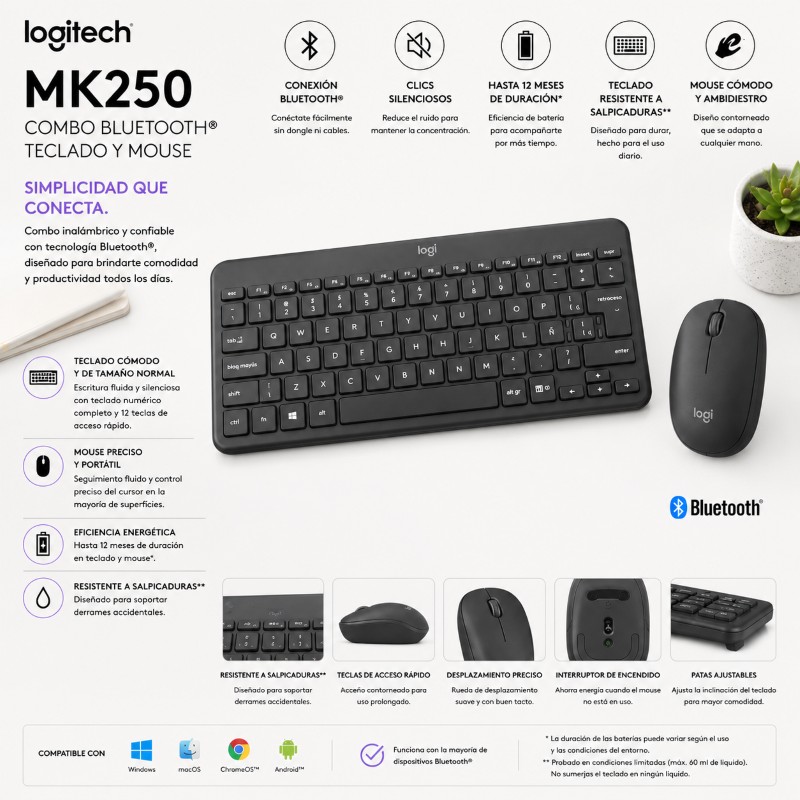 COMBO TECLADO Y MOUSE BLUETOOTH LOGIECH MK250