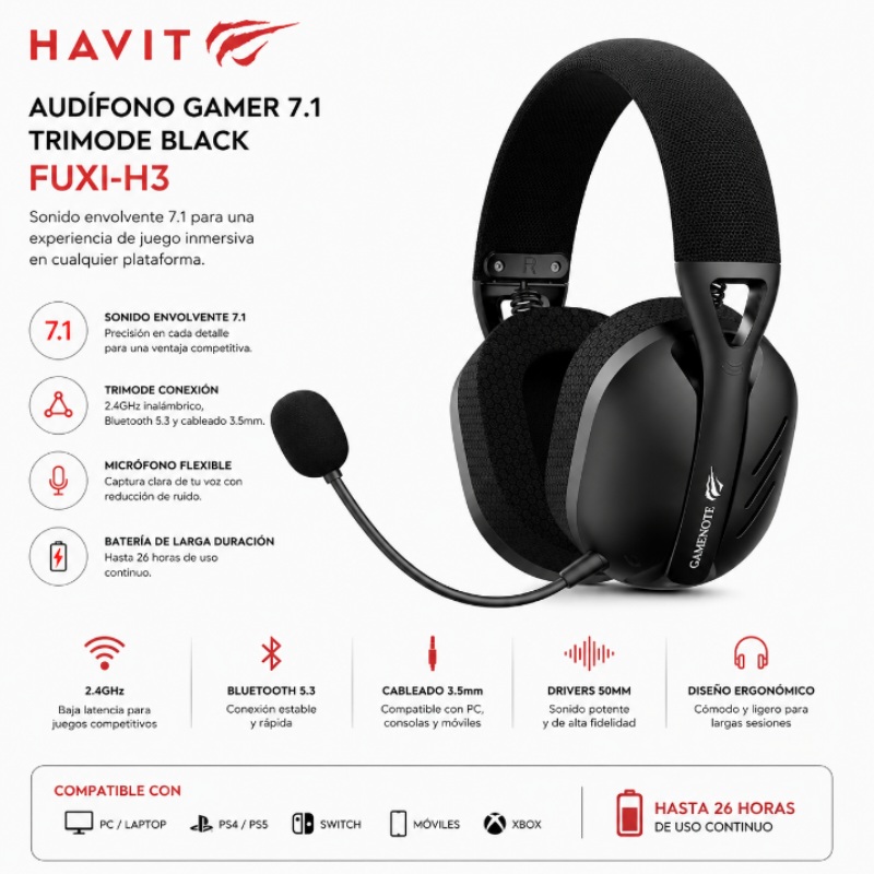 AUDIFONO GAMER 7.1 HAVIT GAMENOTE FUXI-H3 TRIMODE BLACK