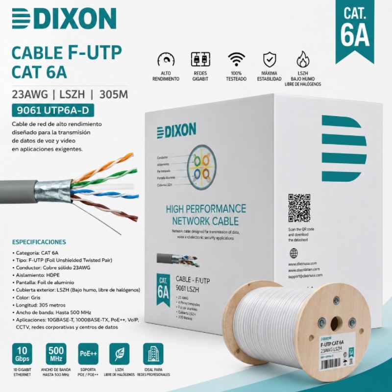 ROLLO DE CABLE F-UTP CAT 6A 23AWG GRIS LSZH 305M DIXON 9061 UTP6A-D