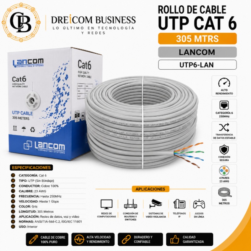 ROLLO DE CABLE UTP CAT 6 LANCOM - 305 MTRS UTP6-LAN
