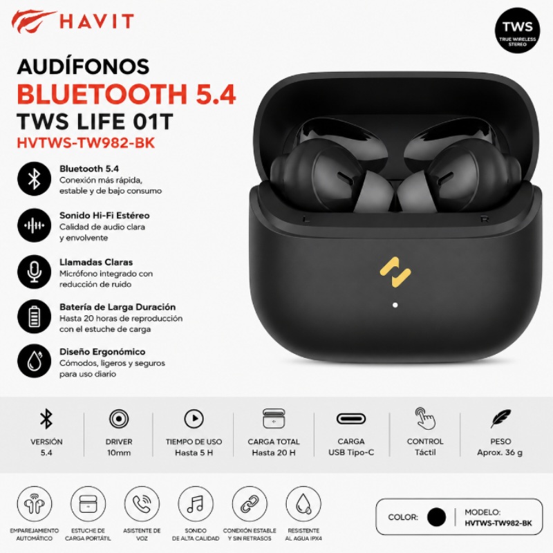 AUDIFONO BLUETOOTH 5.4 TWS LIFE 01T HAVIT HVTWS-TW982-BK