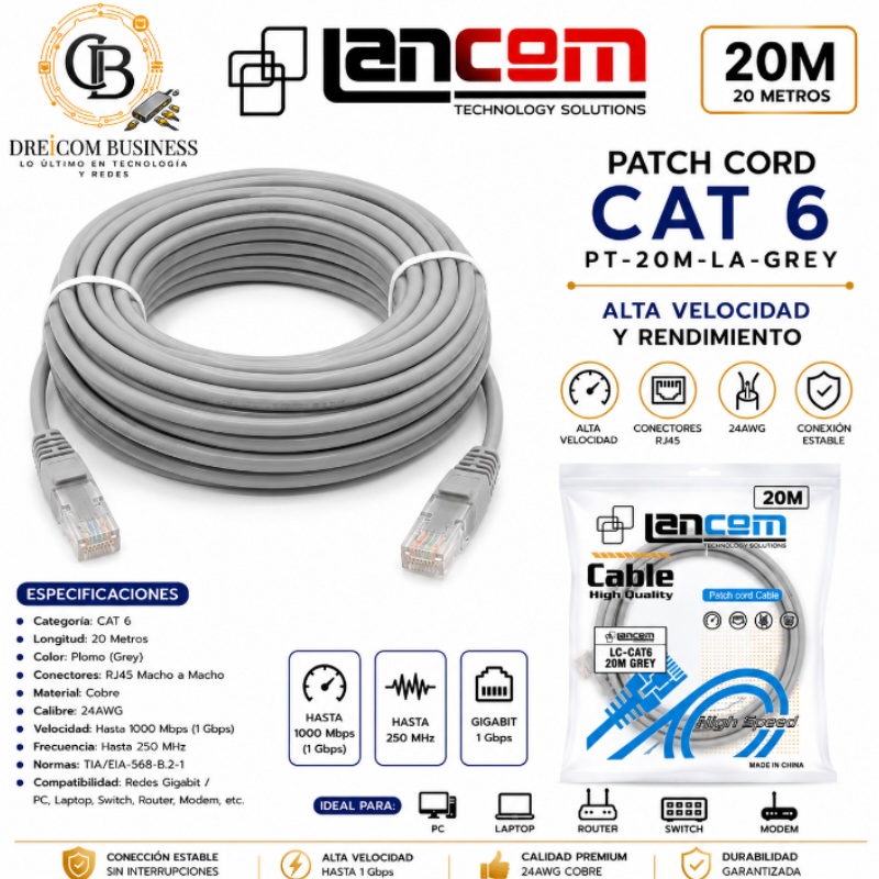 PATCH CORD 20MTS CAT 6 LANCOM PT-20M-LA-GREY