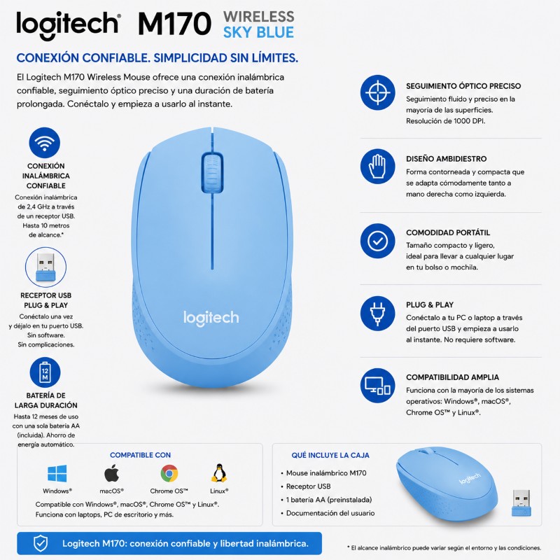 MOUSE LOGITECH M170 WIRELESS SKY BLUE