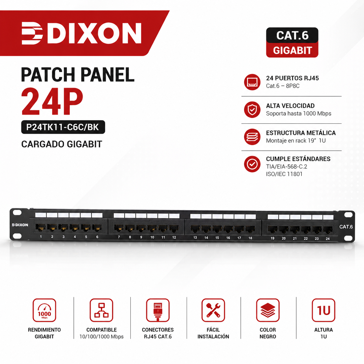 PATCH PANEL 24P DIXON CARGADO GIGABIT P24TK11-C6C/BK