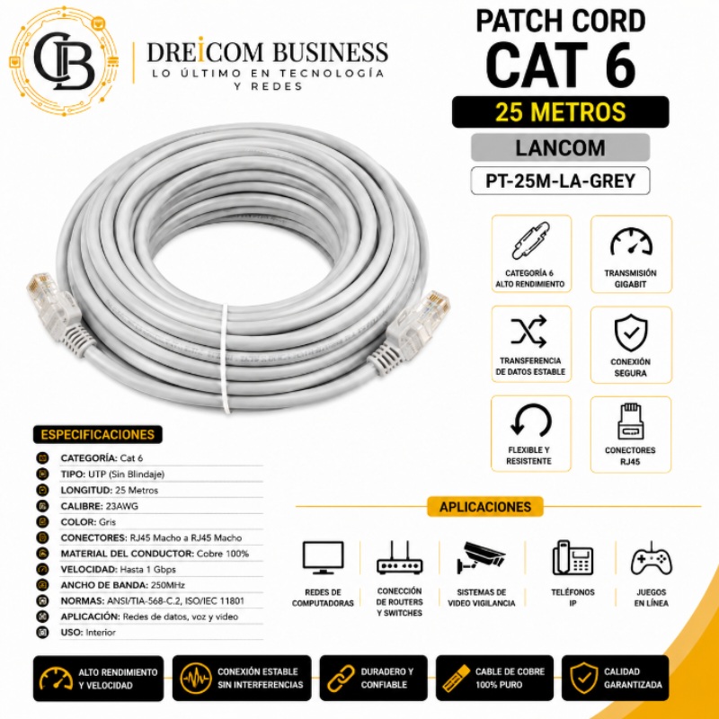 PATCH CORD 25MTS CAT 6 LANCOM PT-25M-LA-GREY