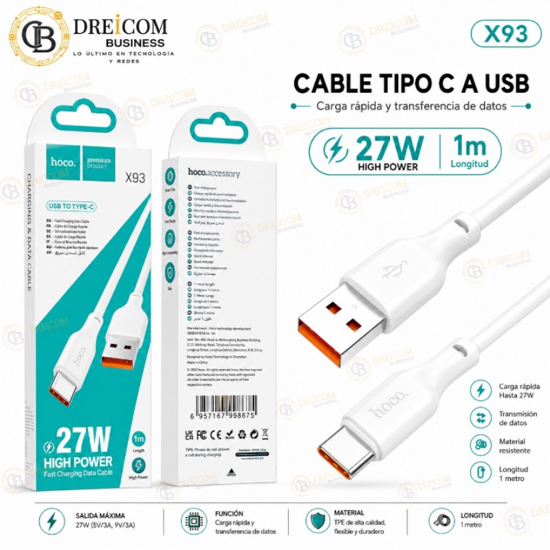 CABLE TIPO C A USB 1M 27W HOCO X93