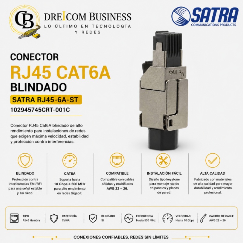 CONECTOR RJ45 CAT6A BLINDADO SATRA RJ45-6A-ST 102945745CRT-001C