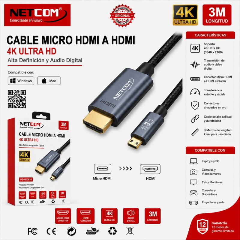 CABLE MICRO HDMI A HDMI 4K 3 MTS NETCOM PE-HD0833