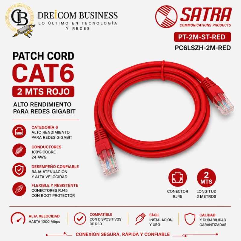 PATCH CORD SATRA CAT 6 2 MTS ROJO PT-2M-ST-RED PC6LSZH-2M-RED