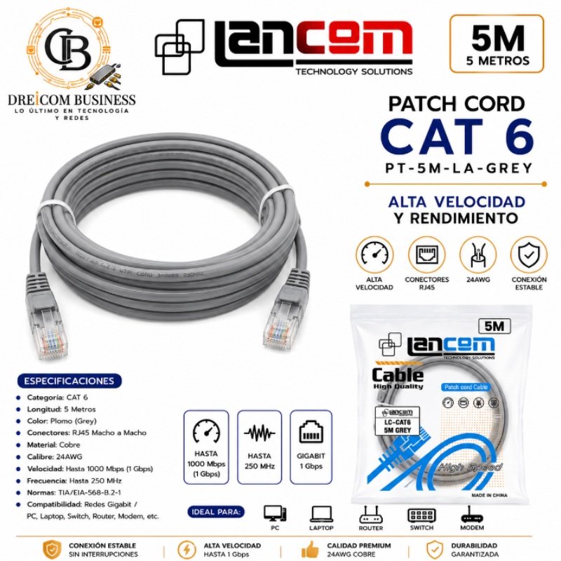 PATCH CORD CAT6 5MTS PLOMO PT-5M-LA-GREY